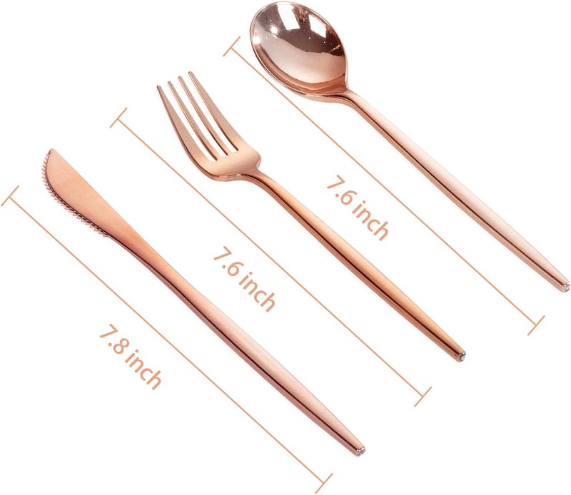 PULOTE 150PCS Rose Gold Plastic Silverware Set - Heavy Duty Rose Gold Utensils - Plastic Cutlery Disposable - Include 50 Forks, 50 Knives, 50 Spoons for Party & Wedding - Image 2